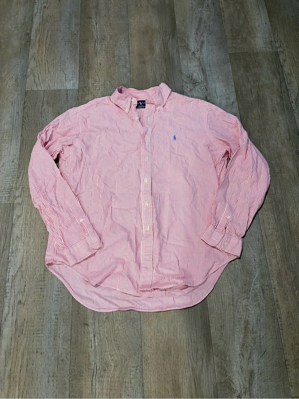 Ralph Lauren Men's Pink and White Striped Button-Down Shirt. Size XL Preppy